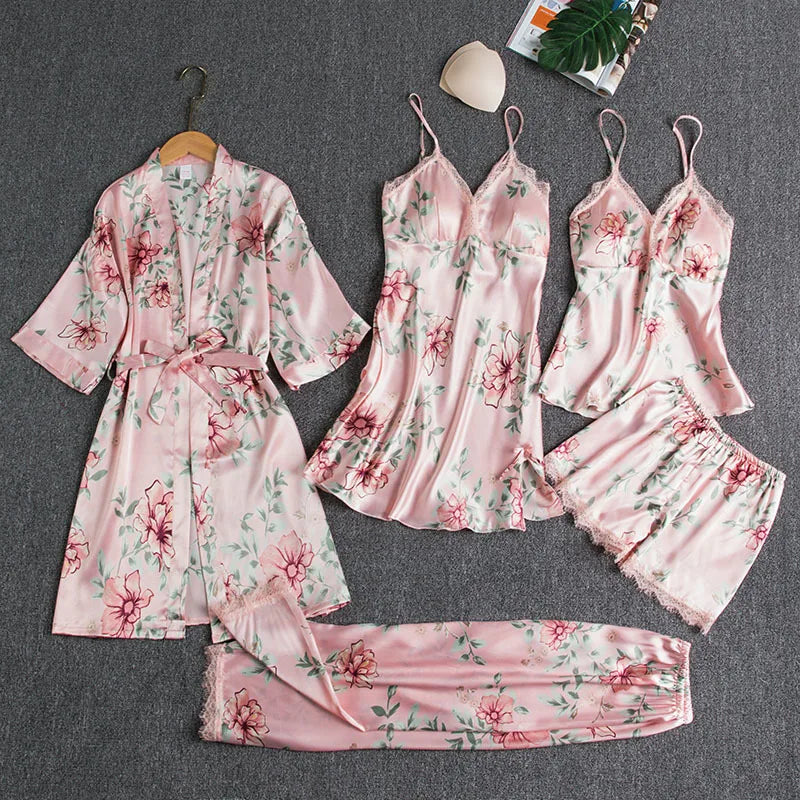 Female 5PCS Pajamas Set Spring Summer Silk Satin Sleepwear Pyjama Pour Femme Sleepwear Sexy Loose Lace Lounge Wear Pijamas Suit