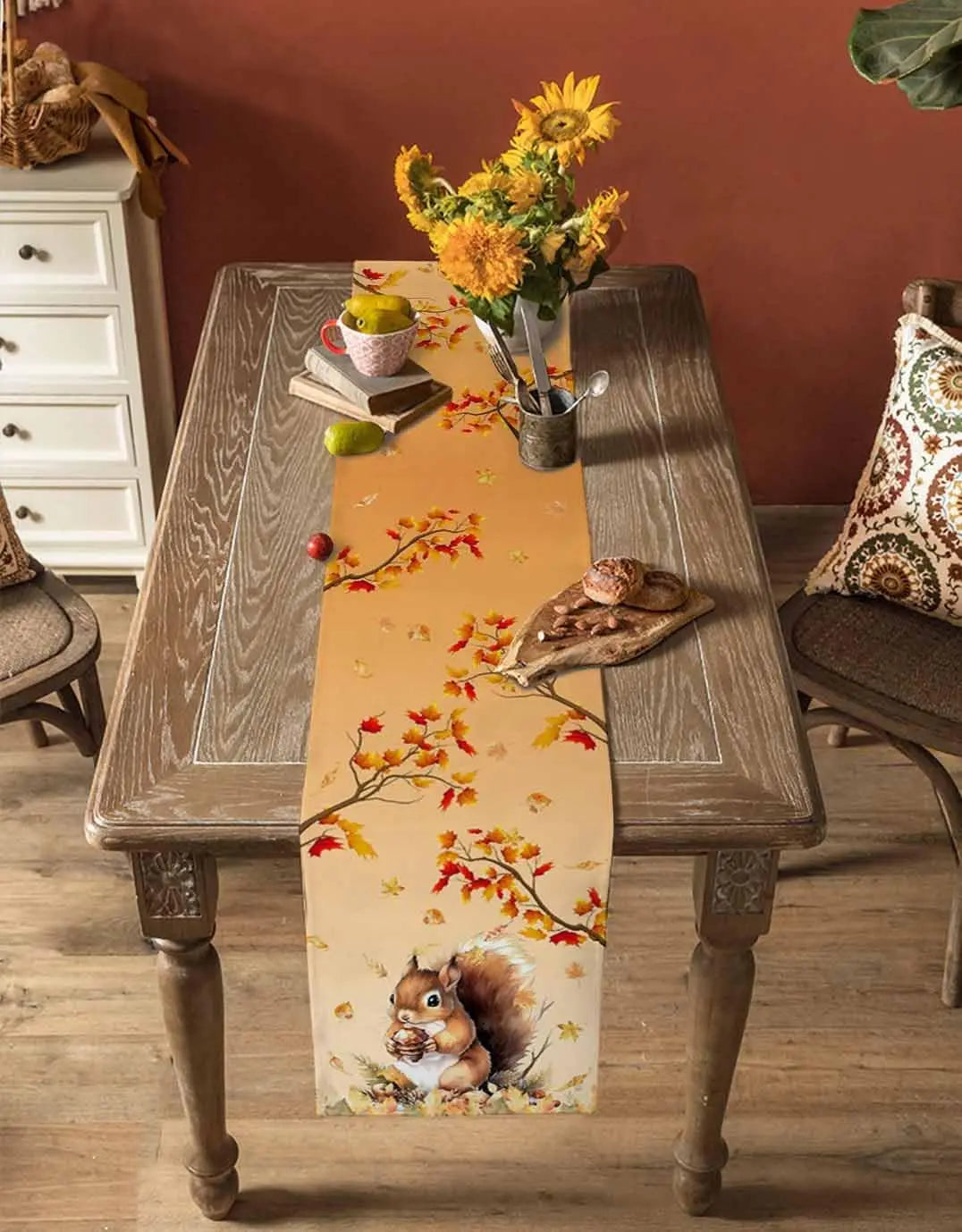 Autumn Squirrel Maple Leaves Printed Linen Table Runners Thanksgiving Fall Season Dresser Scarf Table Decor Holiday Party Decor