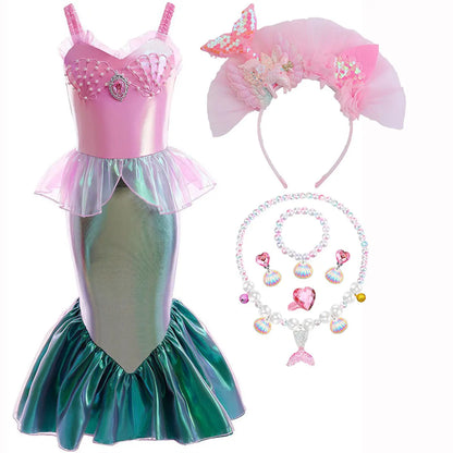 Disney Halloween Festival Mermaid Ariel Cosplay Dress for Girl Christmas Carnival Pink Pearl Inlay Clothing Ball Gown Dress Suit