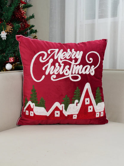 1pc Red Dutch Velvet Christmas Embroidery Cushion Pillow Case, Dormitory Bedroom Sofa Home Decoration