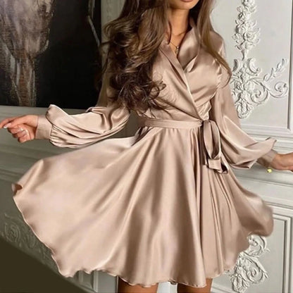 Elegant and Luxury Green Satin Party Dress for Women 2024 New Fashion V-neck Wraped Lace Up A-line Mini Dress Elegance Robes