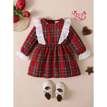 Christmas Party Dress for 0-3 Years Baby Girl Back Single-breasted White Lace Red Plaid Round Neck Waist Long Sleeve Dress