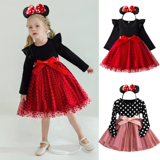 Girls Dress Polka Dot Princess Dresses+Minni Mouse Ear Headband Cosplay Costume Kids Halloween Party Christmas Fancy Dressing Up