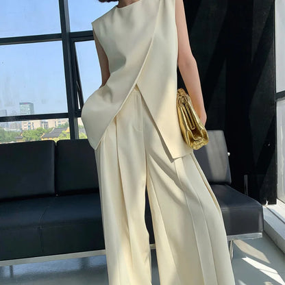 Beige two-piece suit women's summer 2024 new irregular fashion sleeveless vest top high waist wide-leg pants suit