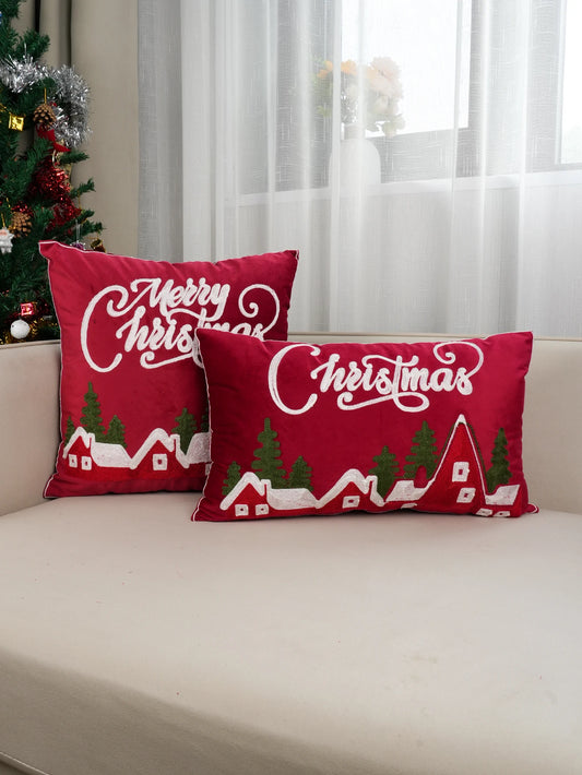 1pc Red Dutch Velvet Christmas Embroidery Cushion Pillow Case, Dormitory Bedroom Sofa Home Decoration