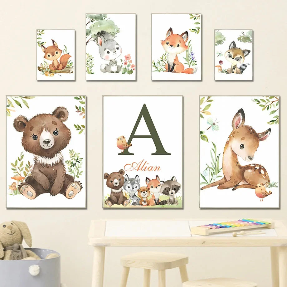 Woodland Nursery Prints Forest Animal Deer Rabbit Bear Fox Custom Wall Art Canvas Painting Poster Wall Pictures Kids Room Decor