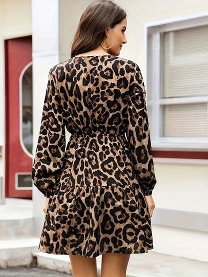 Autumn Winter Women Elegant Leopard Dress Vintage Vacation V Neck Dresses Casual Long Sleeve Slim Dress