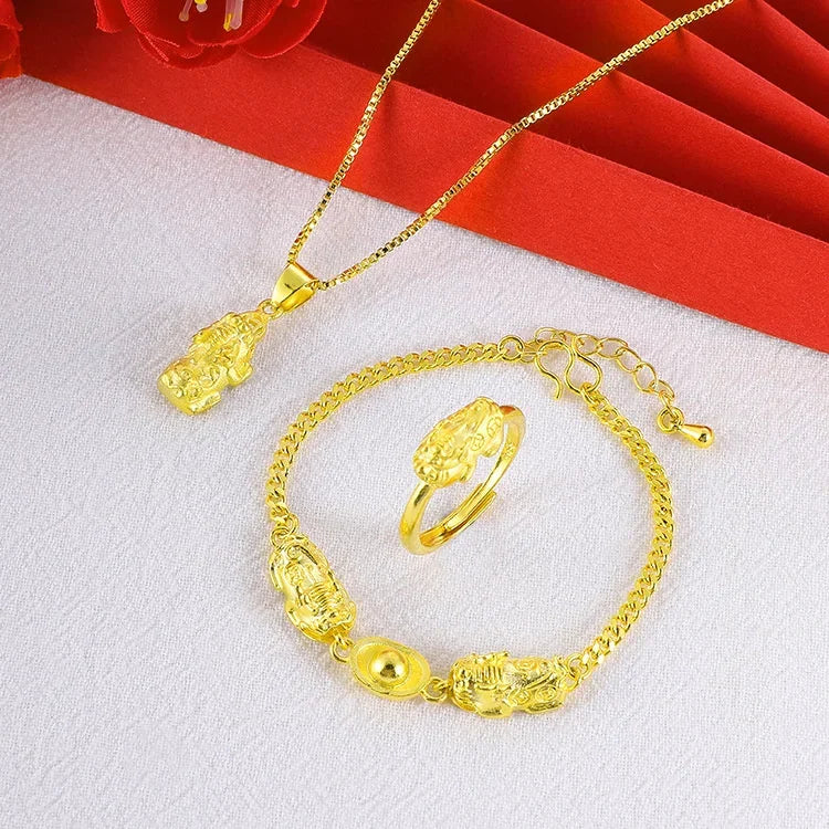 Fashion Vietnam Sand Gold Pixiu Pendant Set Plated 24K Gold Women's Gold ingot Bracelet Ring Jewelry