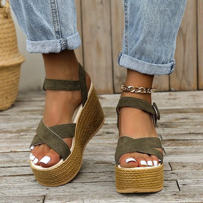 Fashion Wedge Sandals for Women Summer 2022Casual Non-slip Peep Toe Platform Shoes Rubber Sole Buckle Elegant Heel Woman Sandale