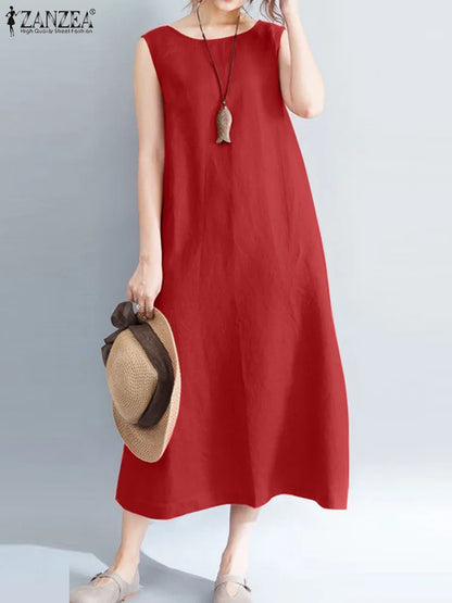 Summer Fashion Sleeveless Dress  ZANZEA Women Fashion O Neck Beach Sundress Casual Solid Loose Vestidos Elegant OL Work Dresses