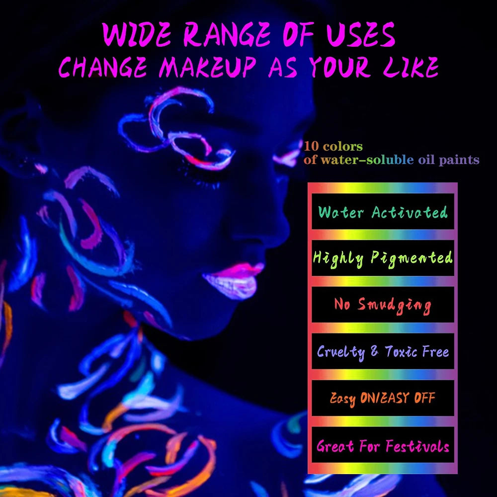 10 Colors Glow Fluorescent Neon Oil Face Body Art Paint UV Glow Oil Painting Halloween Party Fancy Dress Beauty Makeup Cosmetics