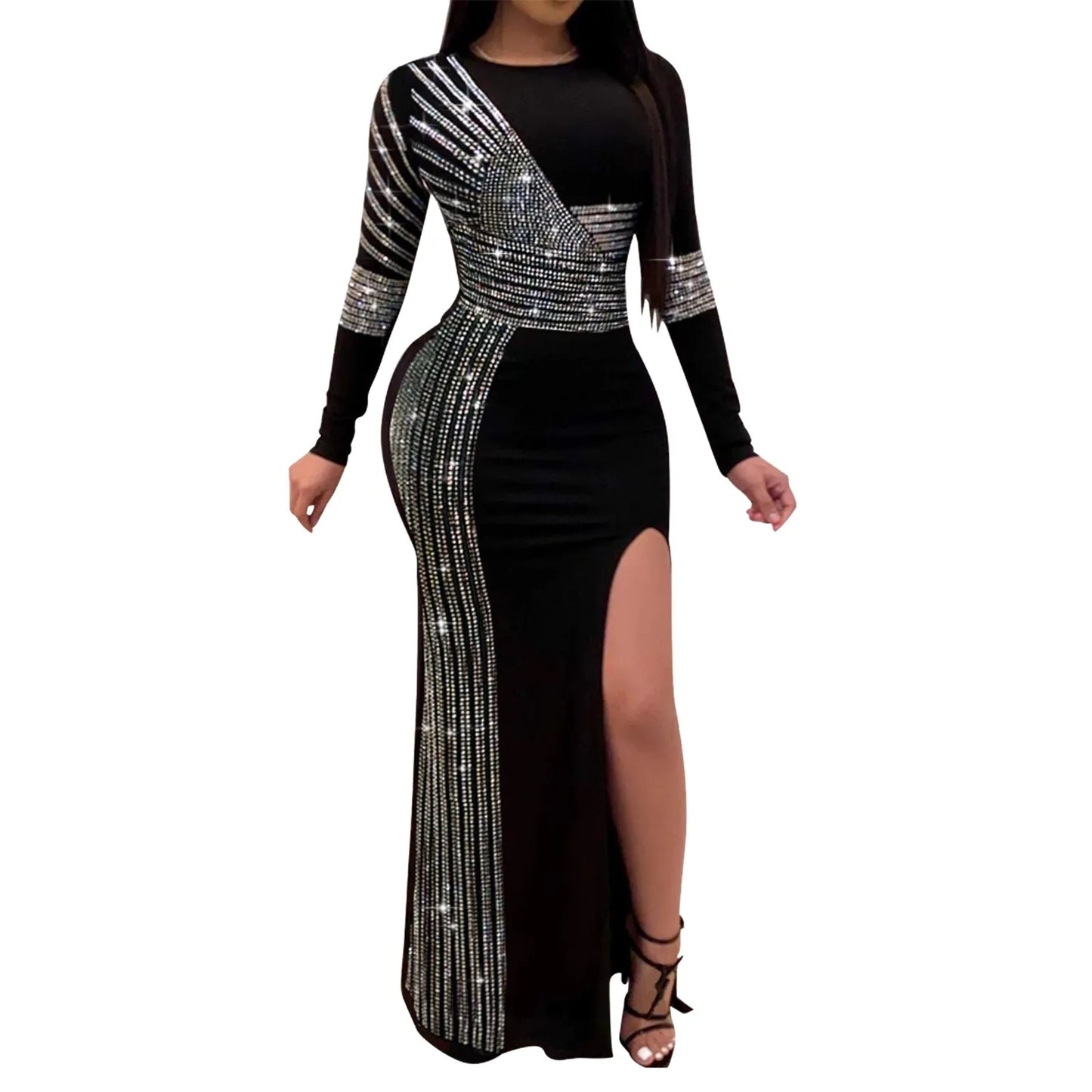 Women Evening Gowns Spring Autumn Long Sleeve Party Dress Rhinestone Glitter Floor Length Split Dress Female Sequined Maxi Dress