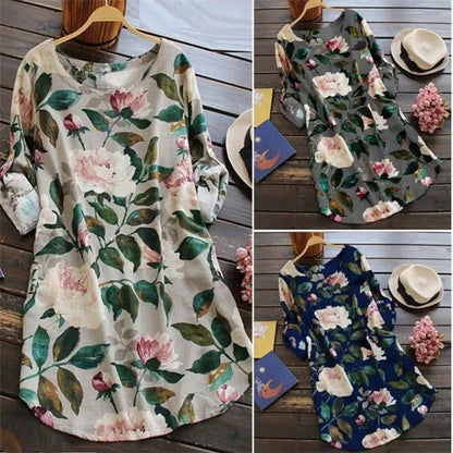 2023 New Women Loose Floral Print Dress Ladies Mini Dress Summer Casual Party Dresses Long Sleeve Dress Plus Size