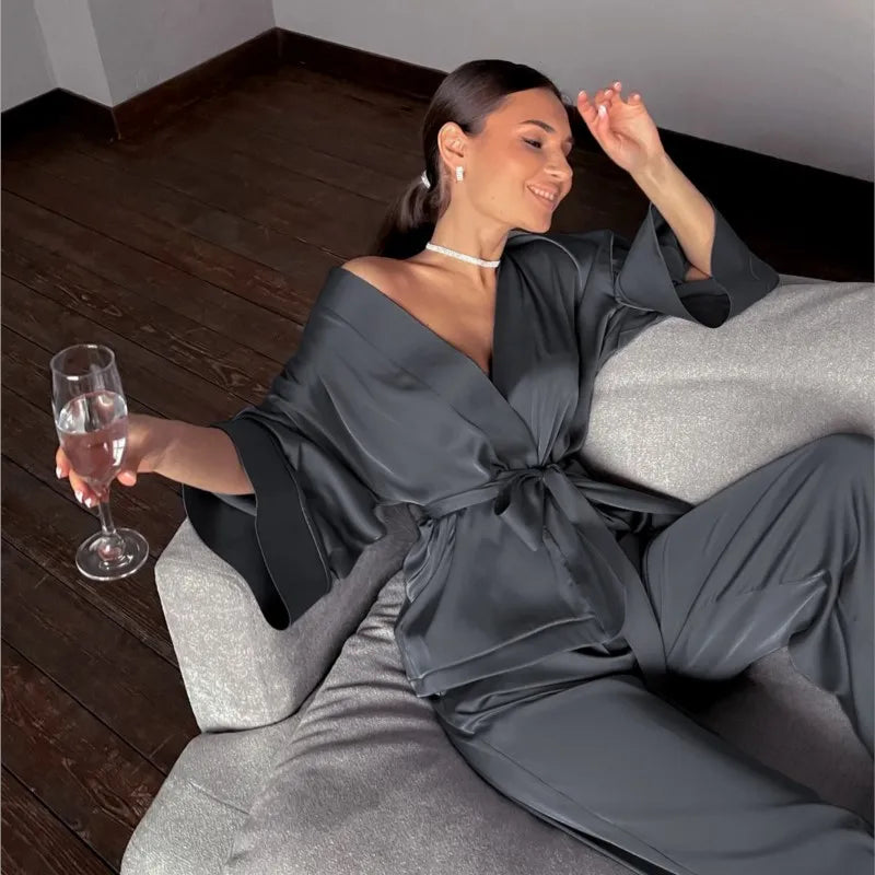 Women's 2024 Matching Sets Pajamas With Belt Satin Tow Pieces Suit Soft Loose Pyjamas Casual Solid Sleepwear Female Home Clothes