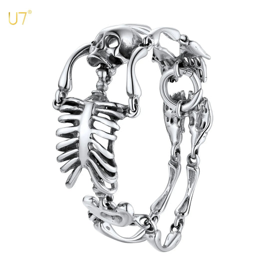 U7 Stainless Steel Gothic Skull Bracelet for Men Steampunk Heavy Skeleton Wristband Chains Halloween Party Accessories