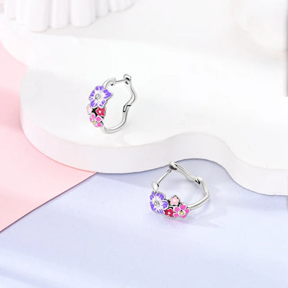 Lovely 925 Sterling Silver Colorful Double Layer Starry Moon&Cat and Dog Cute Pet&Pink and Purple Flower Earrings Girl Jewelry