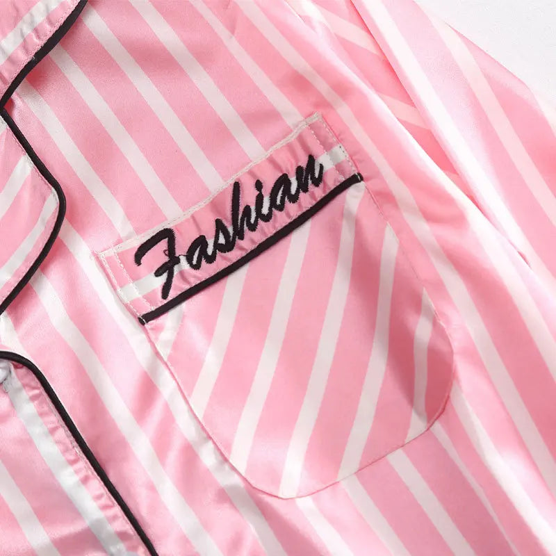 7 piece Sets Pajamas Autumn Women's Suit Ice Silk Satin Silk Pink Striped Pyjama Outwear Home Suit Pijama