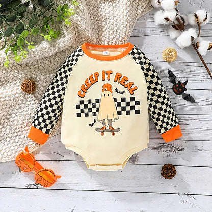 Cute Toddler Baby Girl Boy Bodysuit Fall Spring Patchwork Long Sleeve Round Neck Jumpsuit Tops Halloween Clothes 0-24 Months