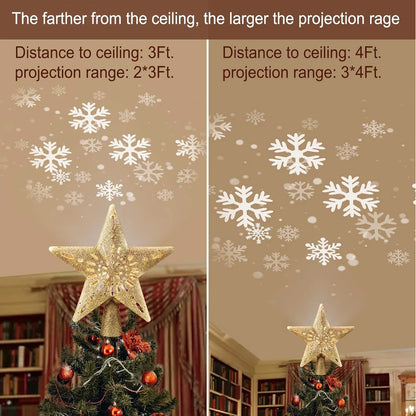 Christmas Tree Topper Lighted with Built-in Led Rotating Snowflake Projector Lights, 9.6” Hollowed Tree Topper with Plug