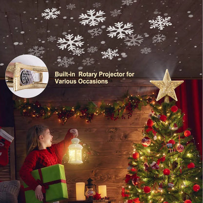 Christmas Tree Topper Lighted with Built-in Led Rotating Snowflake Projector Lights, 9.6” Hollowed Tree Topper with Plug