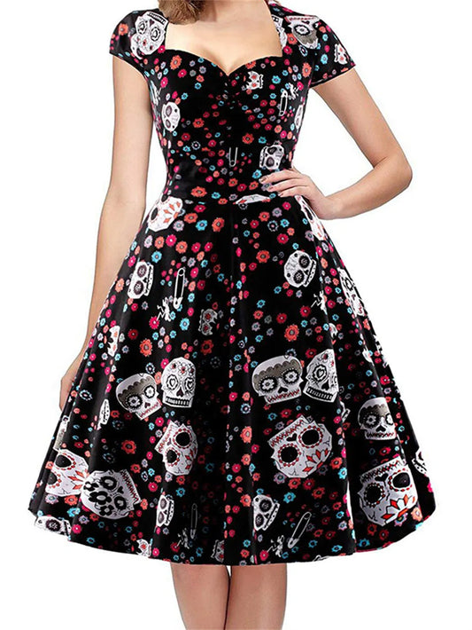 Hepburn Pin Up Rockabilly Vestidos Vintage Gothic Party Dresses Skull Print Swing 50s 60s Dress Women Emo Alt Halloween Clothes