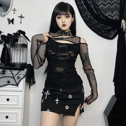 Goth Dark Frayed Mall Gothic Hollow Out T-shirts Grunge Punk Fishnet Patchwork Women Blouses Sexy Long Sleeve Alt Streetwear Top