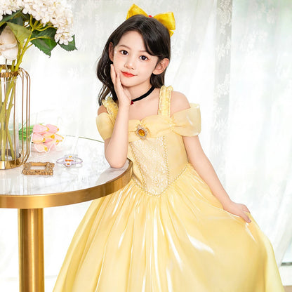 Halloween Girls Princess Belle Dress Up Evening Party Yellow Shoulderless Elegant Long Dresses Beauty Beast Fairy Costume Wig