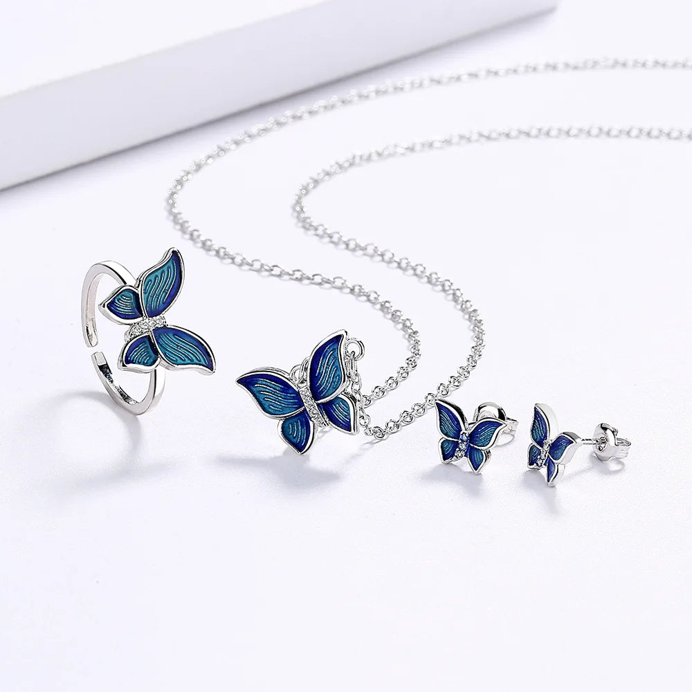 925 Sterling Silver Creative Micro-Enamel Blue Butterfly Wings Necklace Three-piece Jewelry Women's Suit Party Birthday Gift