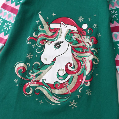 DXTON Girls Unicorn Cartoon Print Cotton Casual Straight Dress Kids Green Christmas Snowflakes New Year Gift Party Dresses