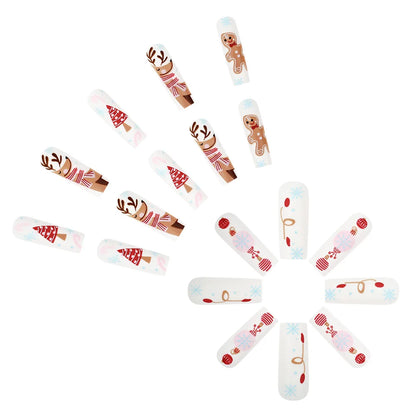 24pcs Long Ballet Christmas False Nails Cute Gingerbread Xmas Tree Fake Nails Women Wearable Full Cover European Press on Nails