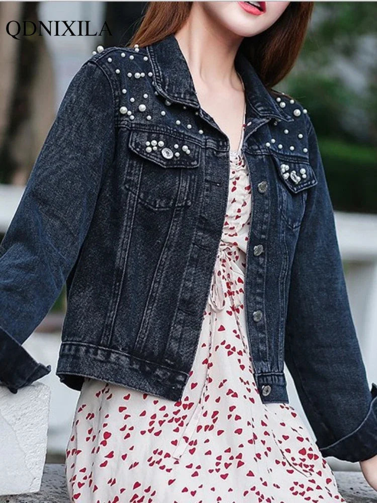 2024 Autumn Trendy Women's Pearl-Studded Denim Jacket Korean Fashion Streetwear Outfits Plus Size Chic Loose Short Jean Jacket