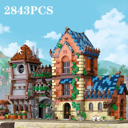 2843PCS Medieval Tavern Building Block Creative City Street View MOC Model Bricks Creative Desktop Ornaments Toys Gifts For Kids