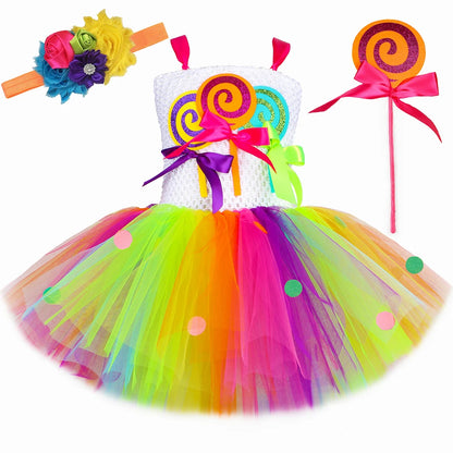 Rainbow Candy Lollipop Costume for Girls Birthday Party Tutu Princess Dress Ball Gown Kids Carnival Christmas Halloween Clothes