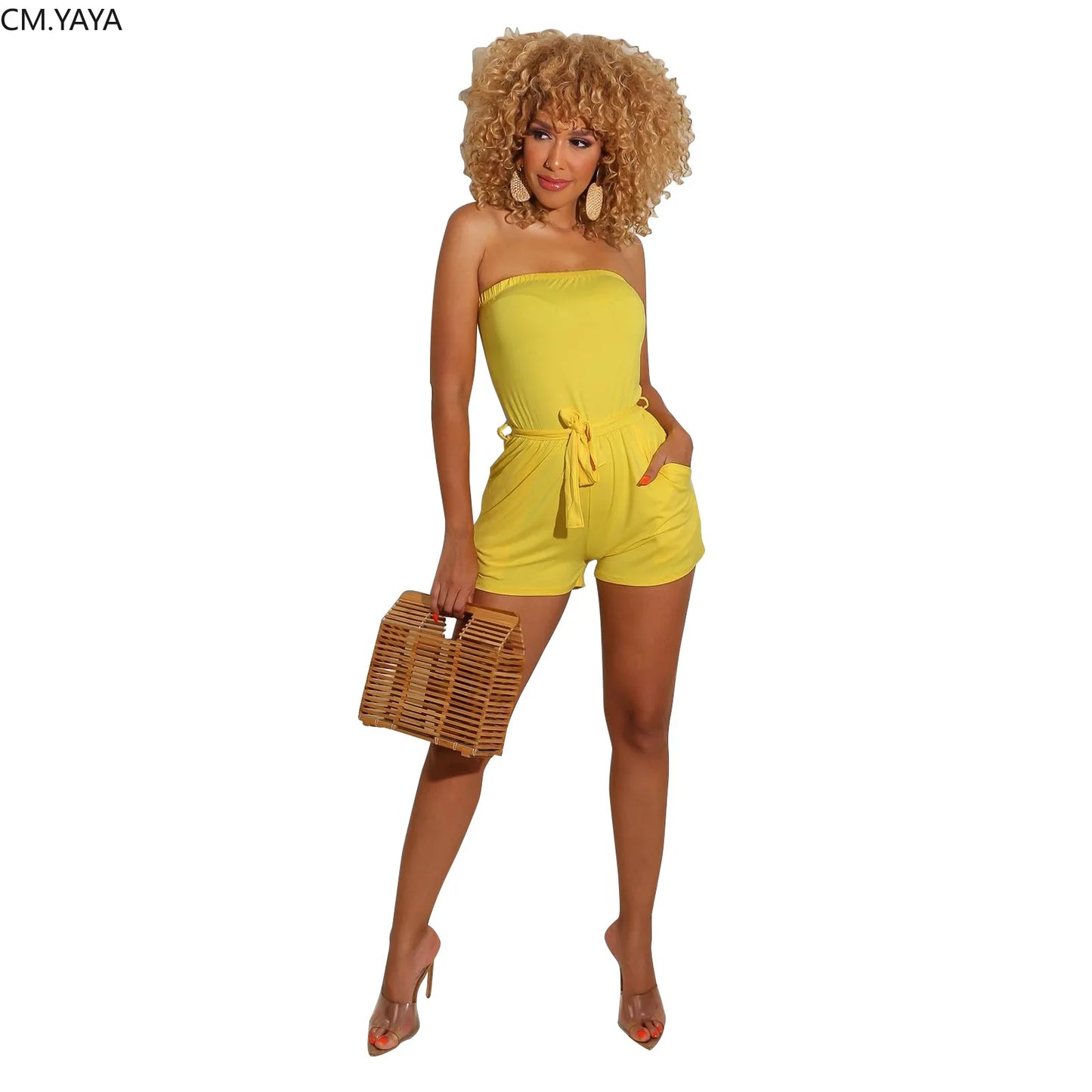 CM.YAYA Sport Women Solid Color Strapless with Sashes Sexy Bodysuit Jumpsuit High Street One Piece Overall Romper Playsuit