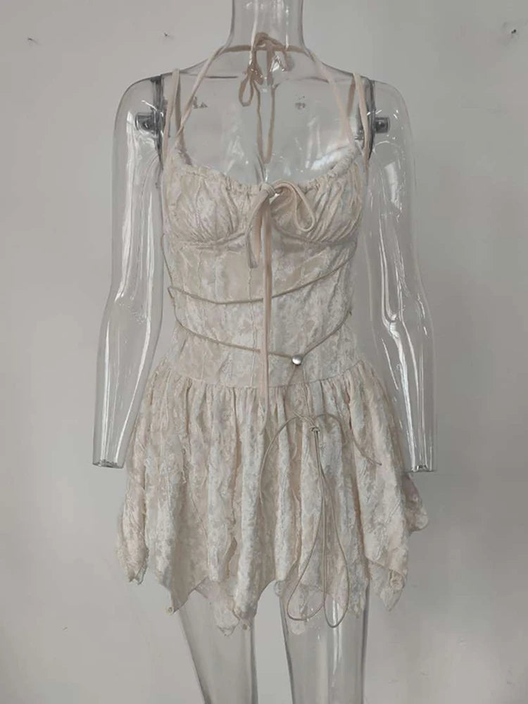 LGRQ Women's  Lace High Quality Slip Dress Niche Design Asymmetric Hem Clothes New Sexy Beach Short Dresses 2024 Summer 19J5641