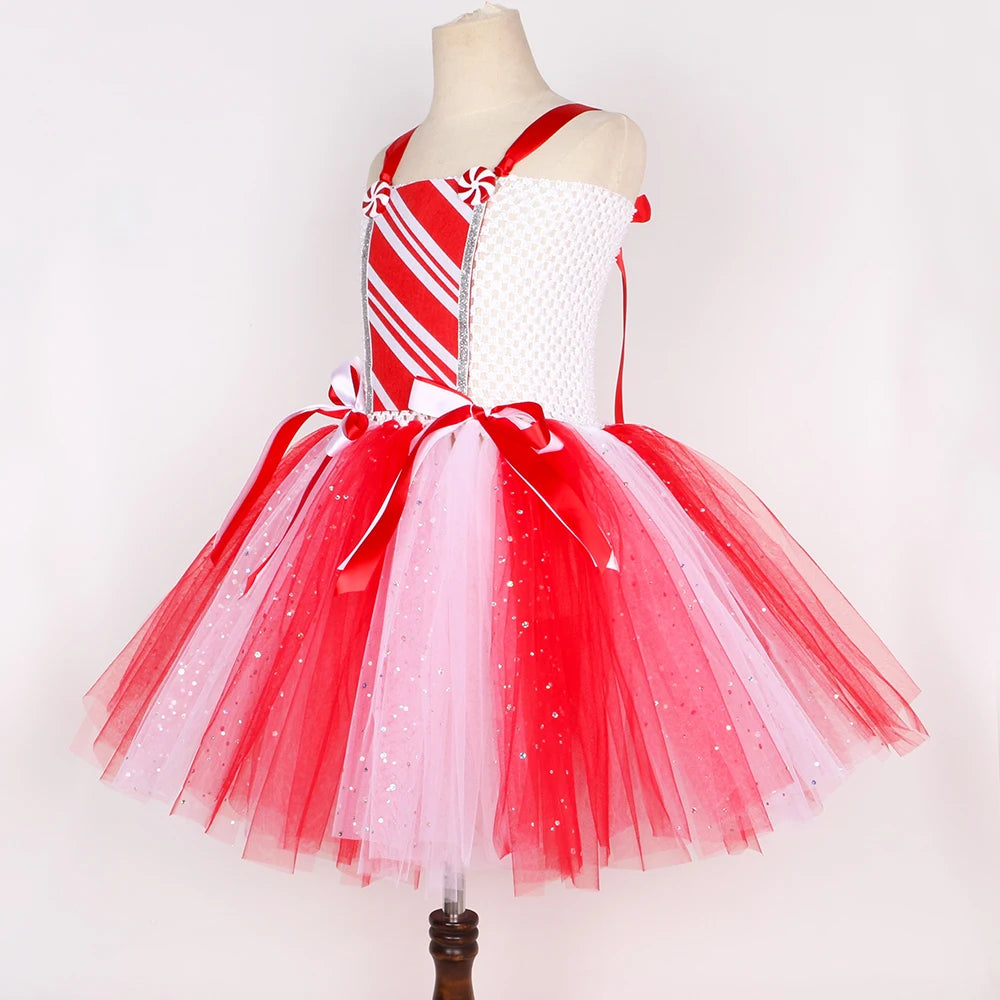 Girls Christmas Candy Cane Tutu Dress Outfits Red White Glittery Mrs Santa Claus Costume for Kids New Year Xmas Party Dresses