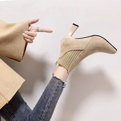 Ankle Boots Women Autumn Pointed Toe Knitted Warm Elastic Women's Shoes Shoes Casual High Heels Platform Boots Botas De Mujer