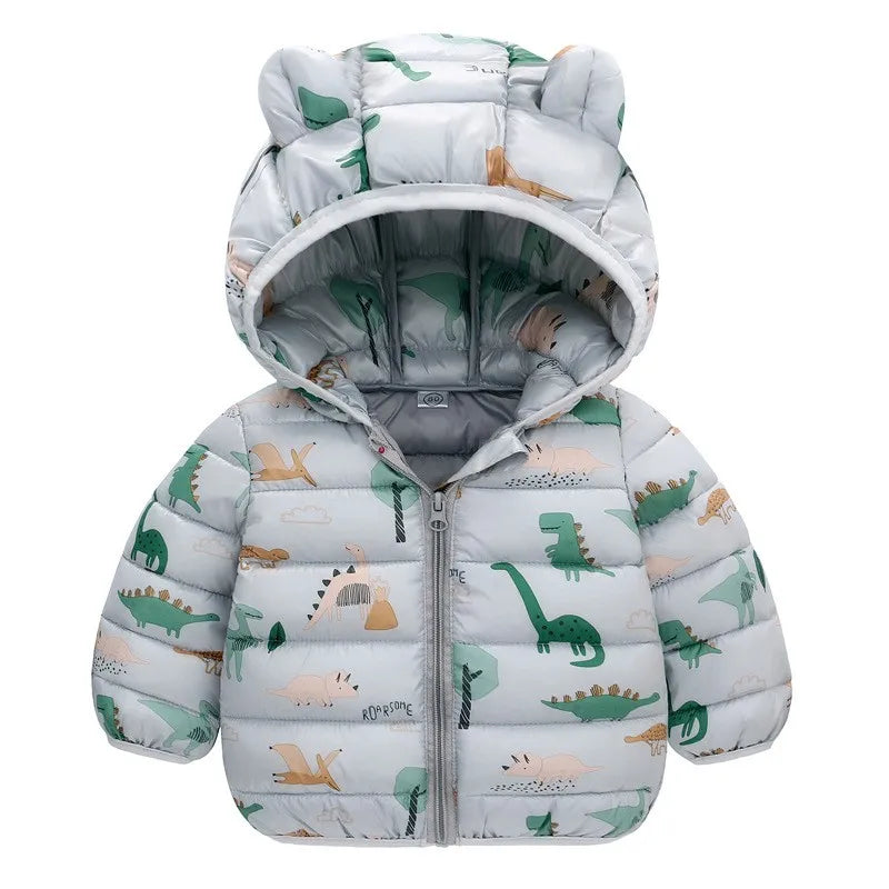 Kids Boy Lightweight Down Jacket Girl Baby Cartoon Dinosaur Outerwear Hooded Coat Autumn Winter Clothes Christmas Birthday Gifts