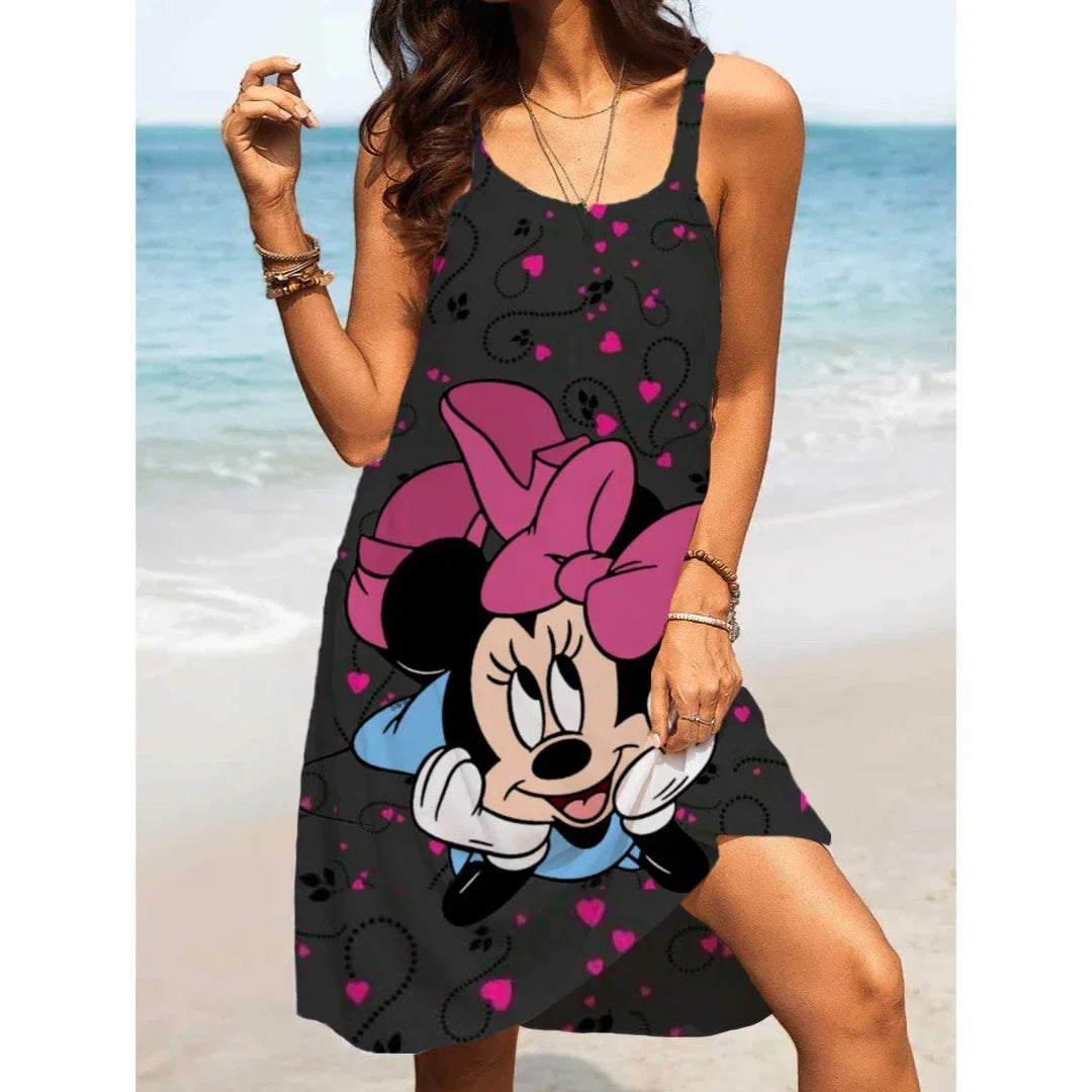 Women's Beach Dresses Disney-Mickey Minnie Dresses for Women 2024 Summer Fashion Sling Print Sexy Skinny Seaside Casual Oversize