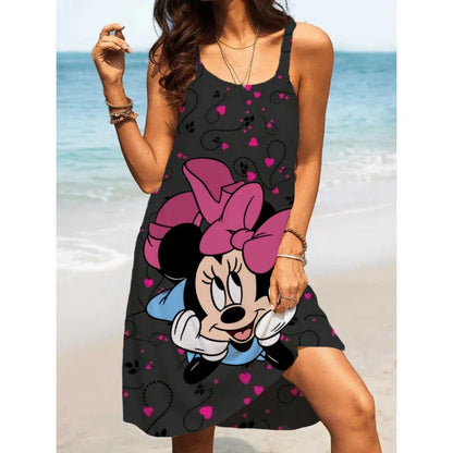 Women's Beach Dresses Disney-Mickey Minnie Dresses for Women 2024 Summer Fashion Sling Print Sexy Skinny Seaside Casual Oversize