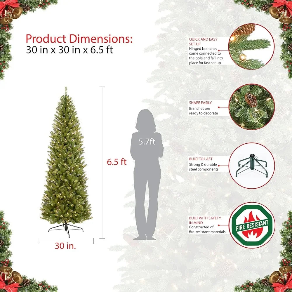 7.5FT Pre Lit Pencil Artificial Christmas Tree with 350 UL Certified Transparent Lights, Green, 32 X 32 X 90 Inches, Christmas