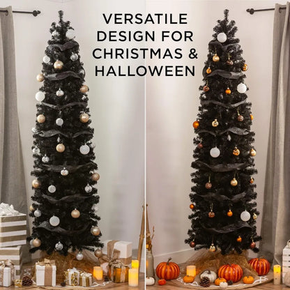 6ft Black Artificial Holiday Christmas Pencil Tree for Home, Office, Party Decoration w/ 608 Tips, Metal Hinges & Base