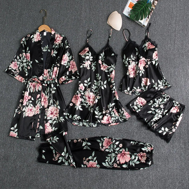 Female 5PCS Pajamas Set Spring Summer Silk Satin Sleepwear Pyjama Pour Femme Sleepwear Sexy Loose Lace Lounge Wear Pijamas Suit