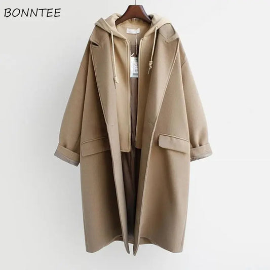 Wool Blends Coats Women Spliced Fake Two Piece Hooded Clothes Design Korean Fashion Preppy College Girlish Elegant Ladies Casual