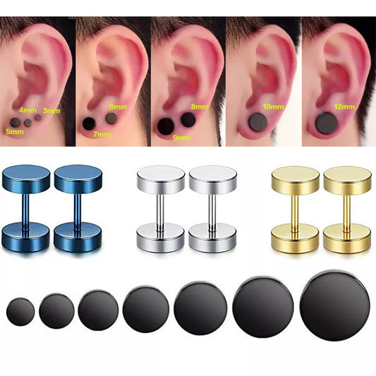 2Pcs/1Pair Gothic Stainless Steel Screw Dumbbell Stud Earrings For Women/Men Hip Hop Rock Hypoallergenic Punk Jewelry