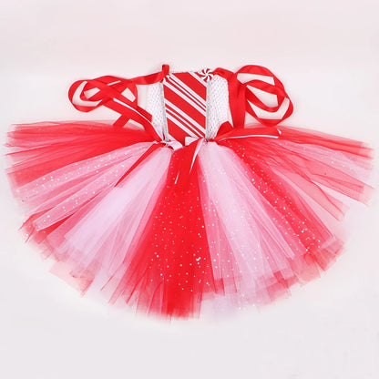 Girls Christmas Candy Cane Tutu Dress Outfits Red White Glittery Mrs Santa Claus Costume for Kids New Year Xmas Party Dresses