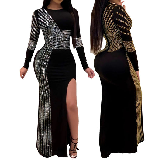 Women Evening Gowns Spring Autumn Long Sleeve Party Dress Rhinestone Glitter Floor Length Split Dress Female Sequined Maxi Dress