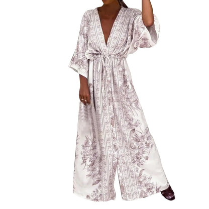 V Neck Half Sleeve Long Dress Lace Up Vintage Printed Large Hem Dresses Womens Casual Summer Dress Loose Long Robe Vestidos