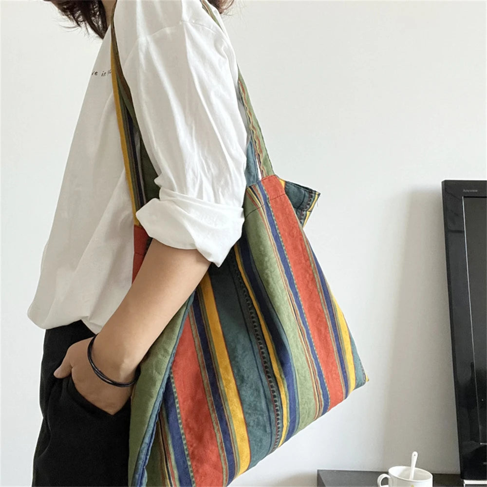 Retro Women's Canvas Shoulder Bag Rainbow Striped Linen Shopping Bag Eco Large Capacity Handbag Tote for Girls Christmas Gifts