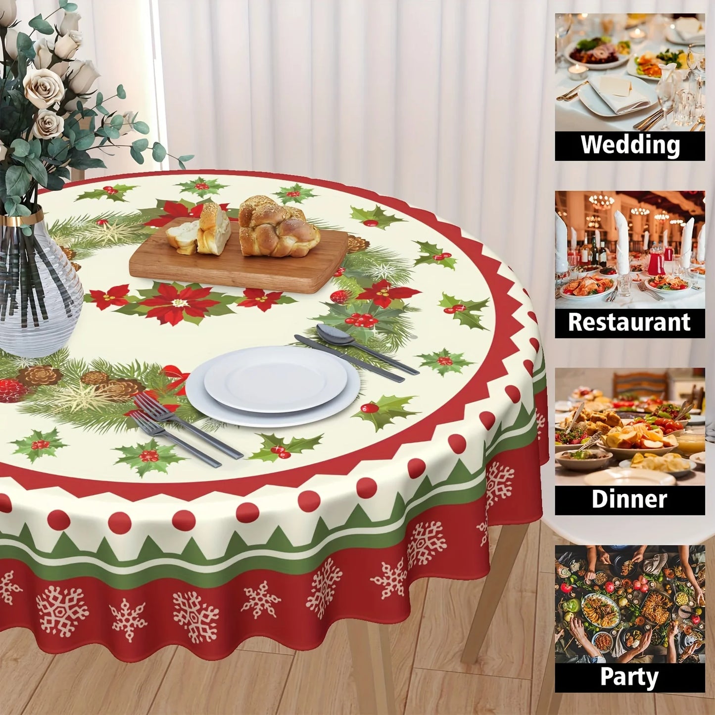 1pc, Polyester Tablecloth, Merry Christmas Table Cover, Snowflake Pattern Table Cover, Christmas Atmospheric Table Cover, Holida